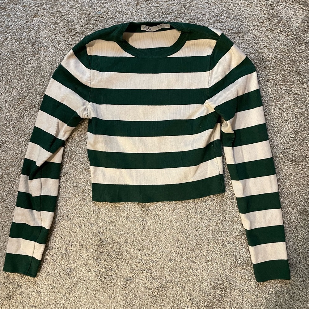 Zara Green and White Striped Crop Top